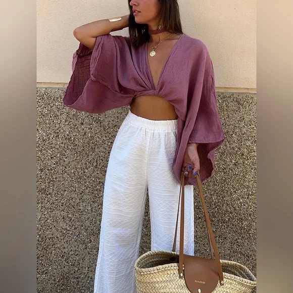 Tie-Front Long Sleeve Cropped Blouse - Picture 1 of 4